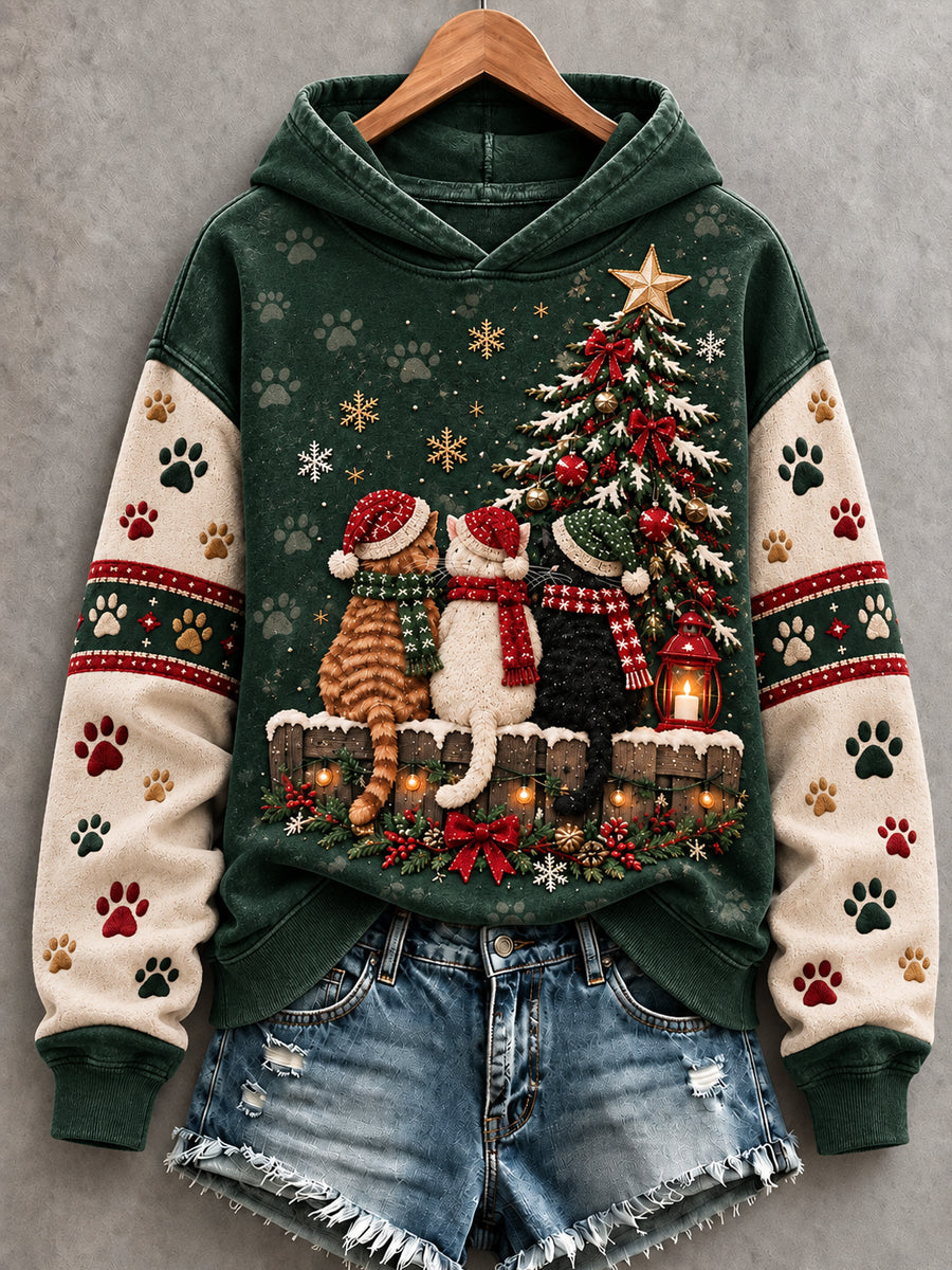 Women's Vintage Christmas Tree Cute Cats Art Regular Hoodie