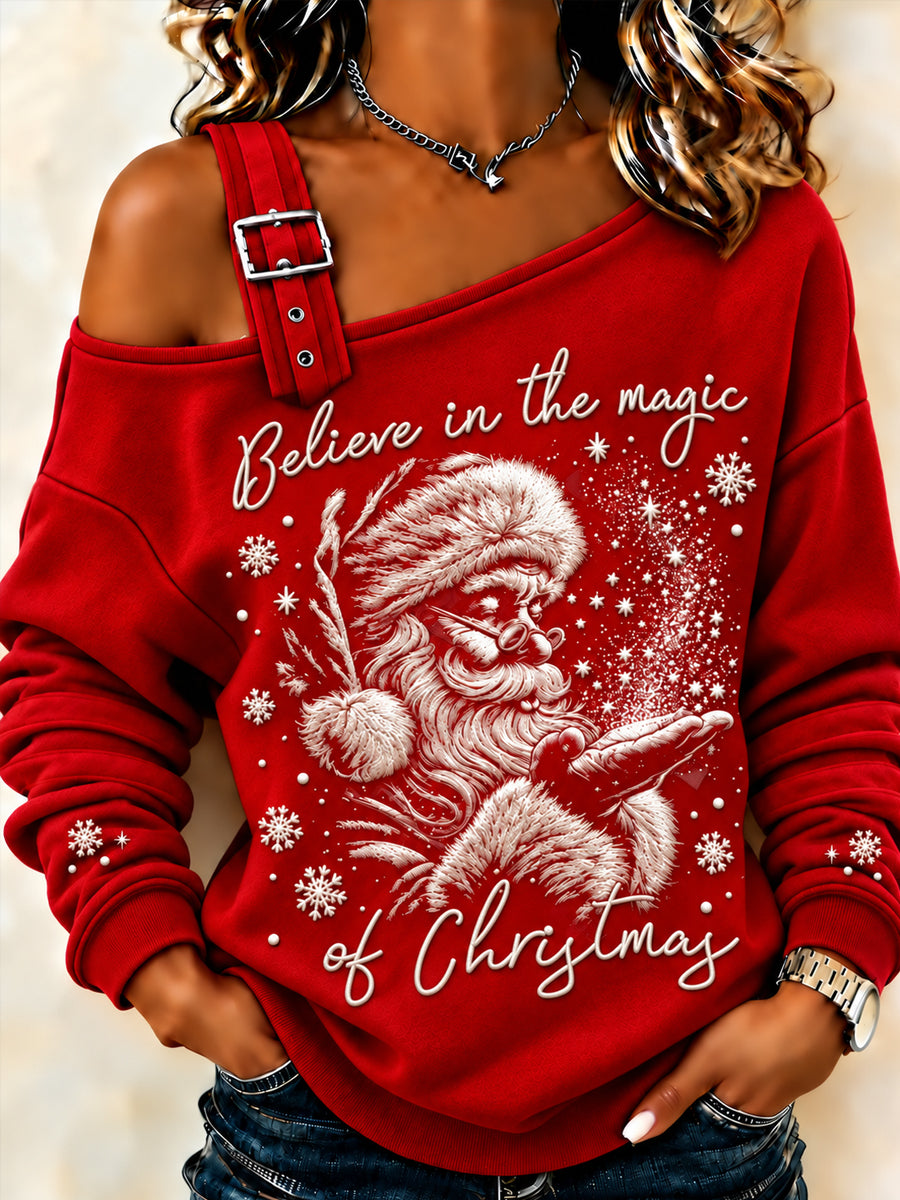 Women's Vintage Christmas Santa Claus Print Casual Off-Shoulder Sweatshirt
