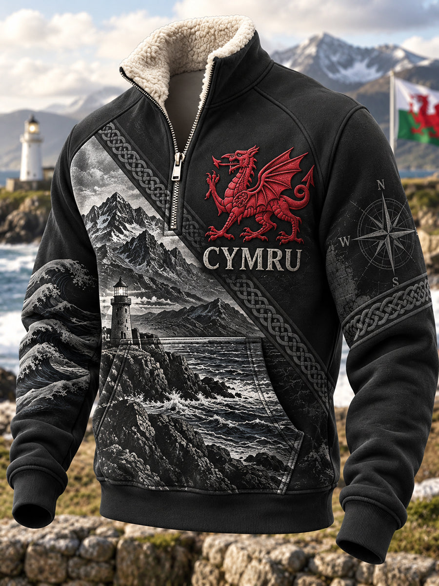Men's Vintage British Wales Printed Plush Stand Collar Hoodie