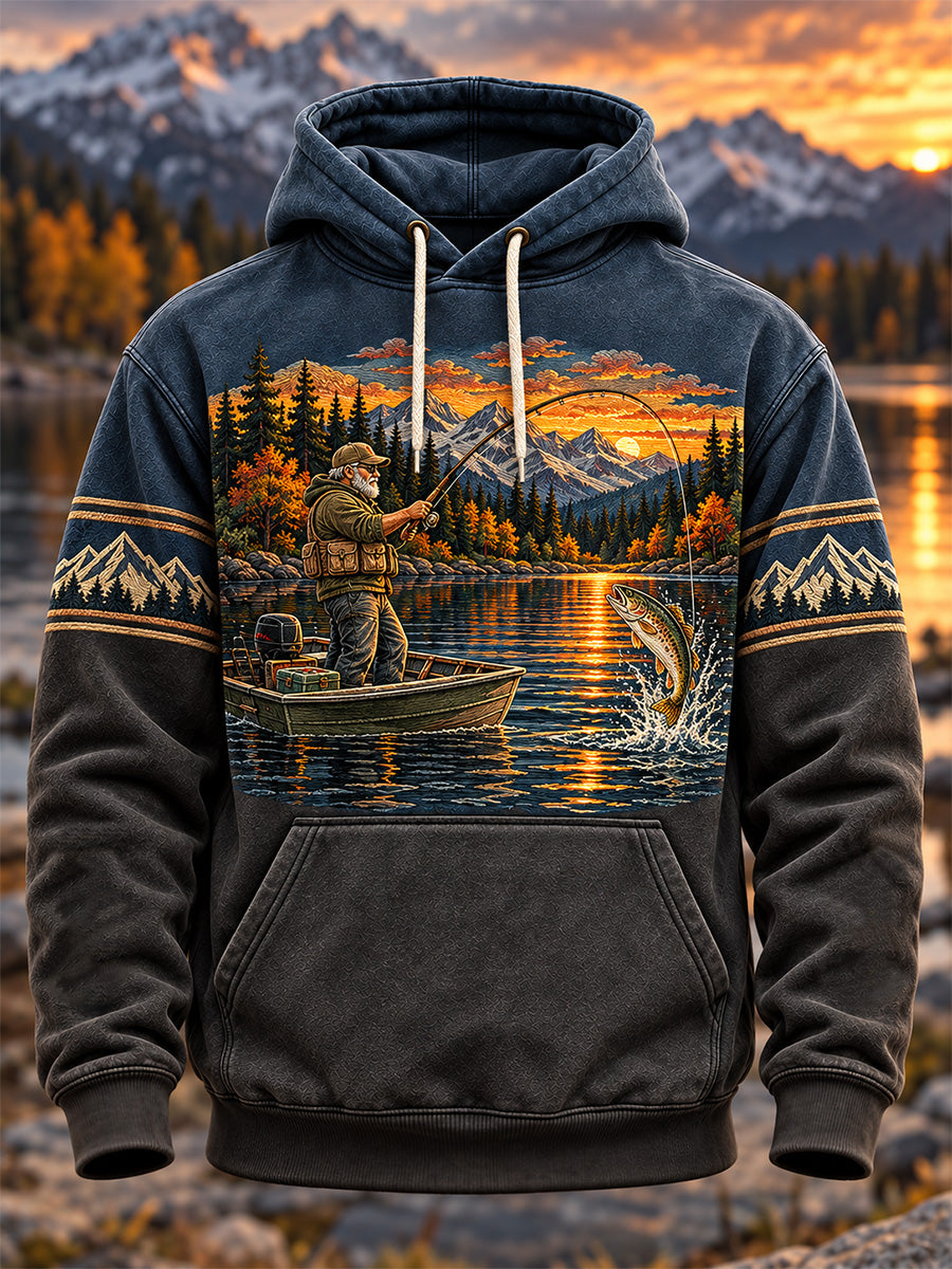 Men's Vintage Wilderness Fishing Print Oversized Drop-Shoulder Hoodie With Pockets