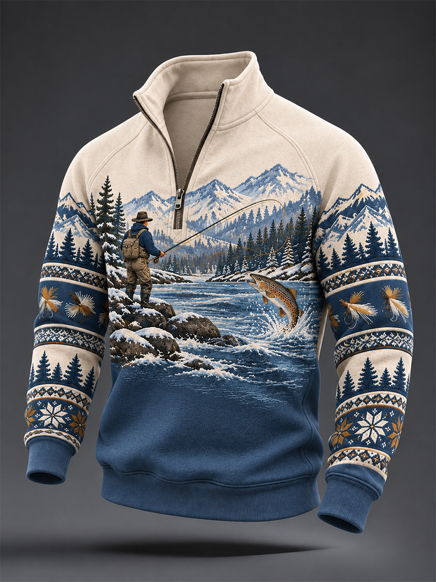 Men's Vintage Wilderness Fishing Print Zip-Up Hoodie