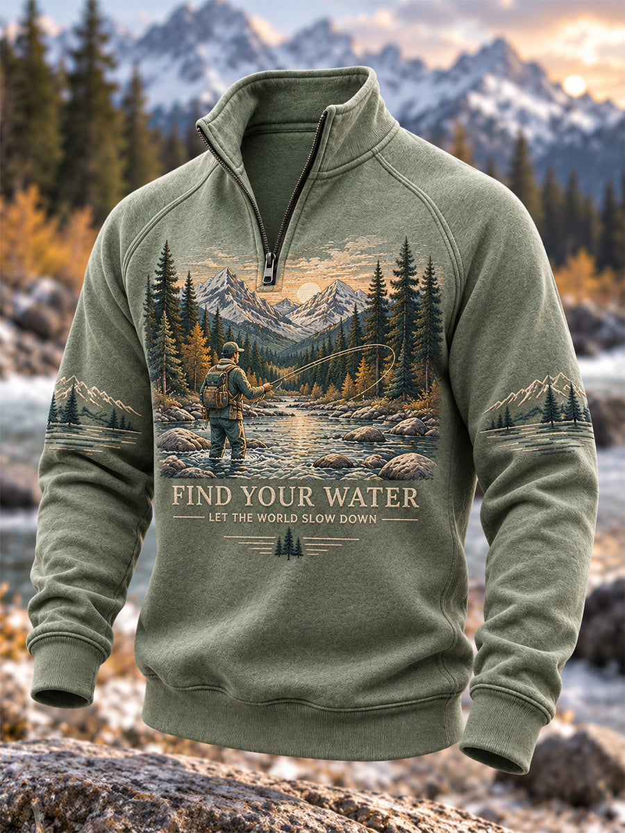 Men's Vintage Wilderness Fishing Print Zip-Up Hoodie