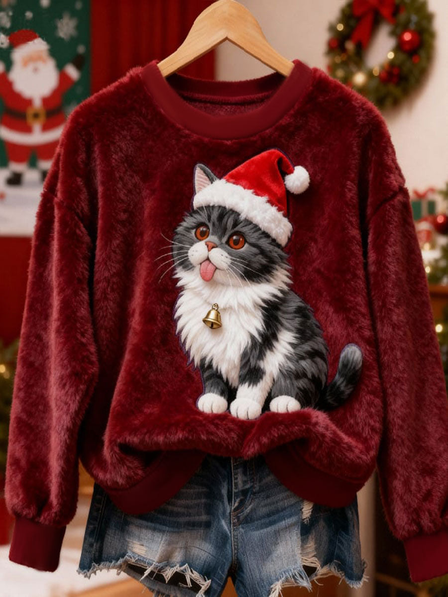 Women's Christmas Cat Flannel Hoodie