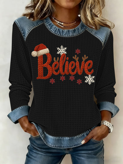 Women's Christmas Print Waffle Sweatshirt