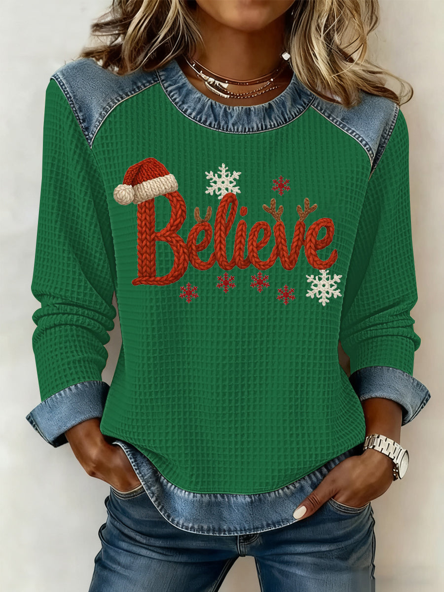 Women's Christmas Print Waffle Sweatshirt