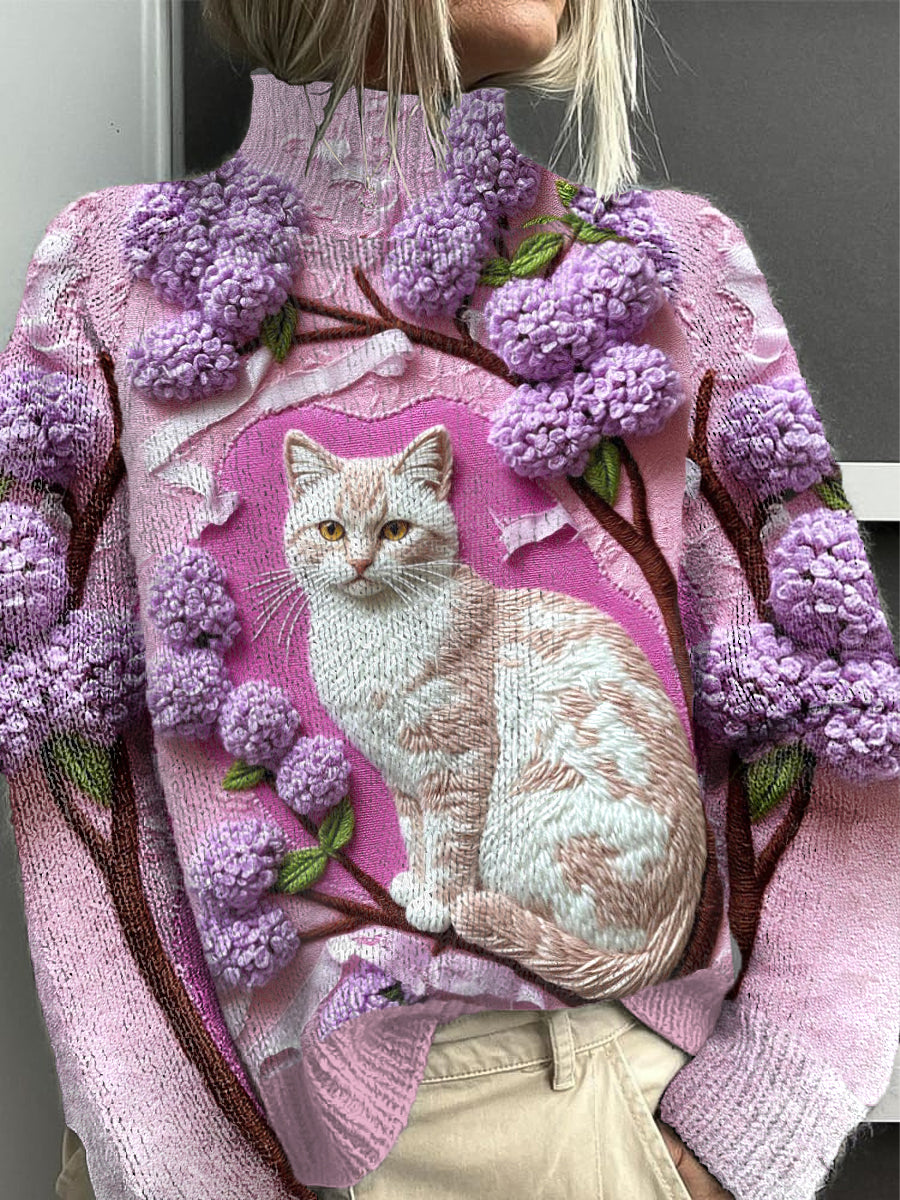 Women's Purple Floral Cat Turtleneck Sweater