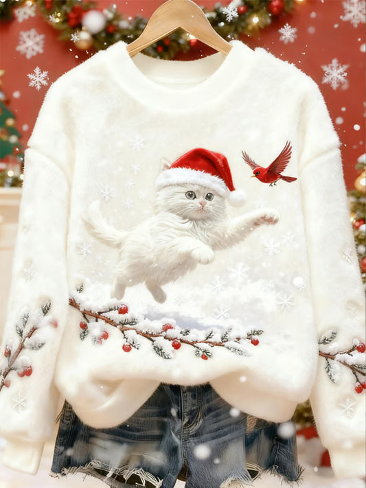 Women's Cute Christmas Cat Art Print Casual Flannel Sweater