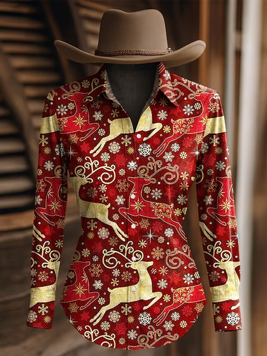 Women's Christmas Elk Print Western Long Sleeve Shirt