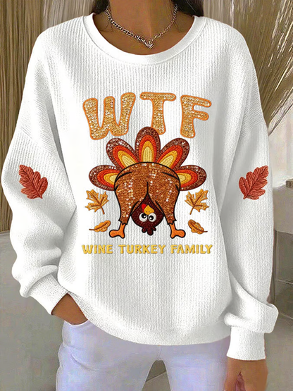 Women's Thanksgiving Turkey Print Knitted Crew Neck Long Sleeve Top