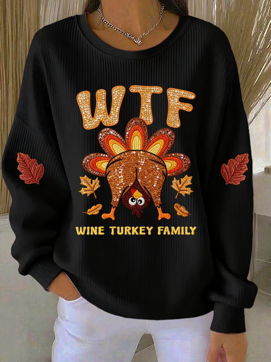 Women's Thanksgiving Turkey Print Knitted Crew Neck Long Sleeve Top