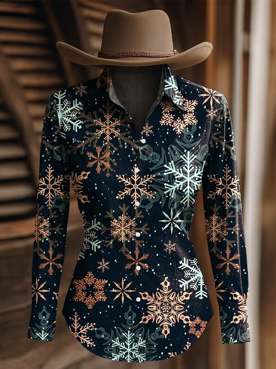Women's Christmas Snowflake Print Western Long Sleeve Shirt