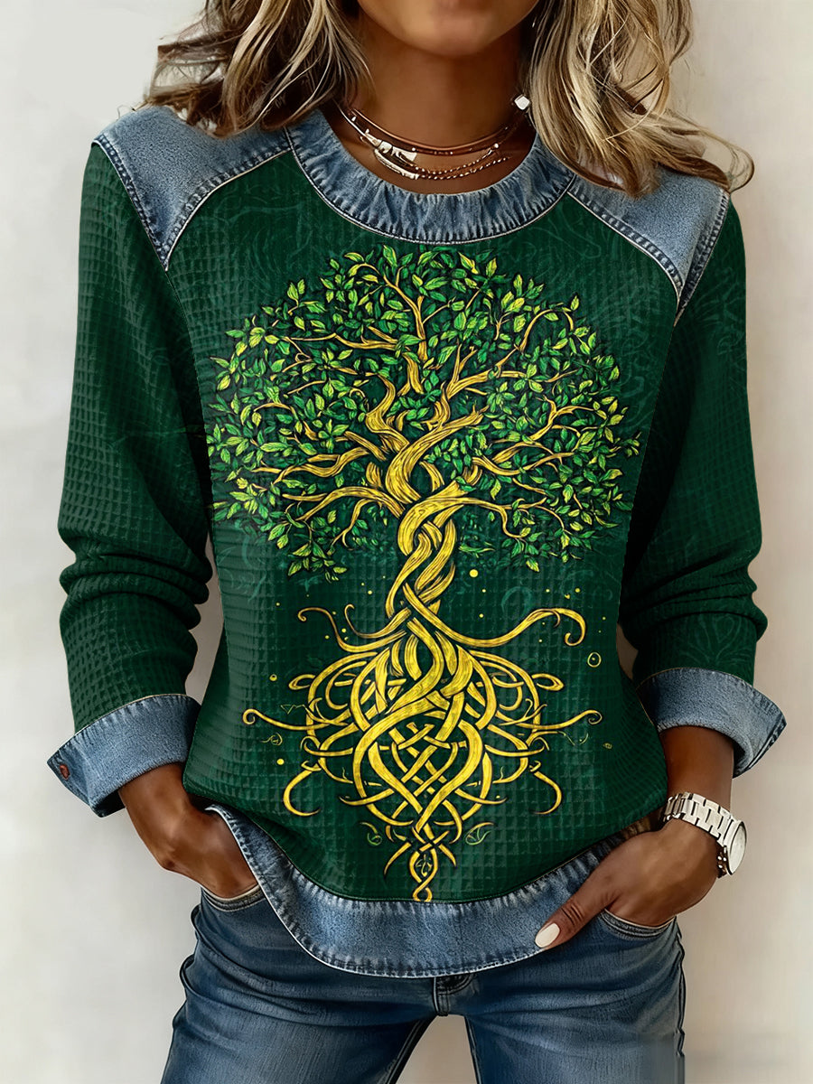 Women's Viking Celtic Knot Tree Of Life Gradient Print Long-Sleeved Waffle Top