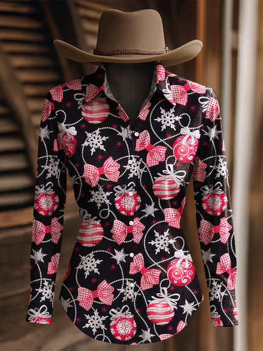 Women's Christmas Lantern Bow Print Western Long Sleeve Shirt