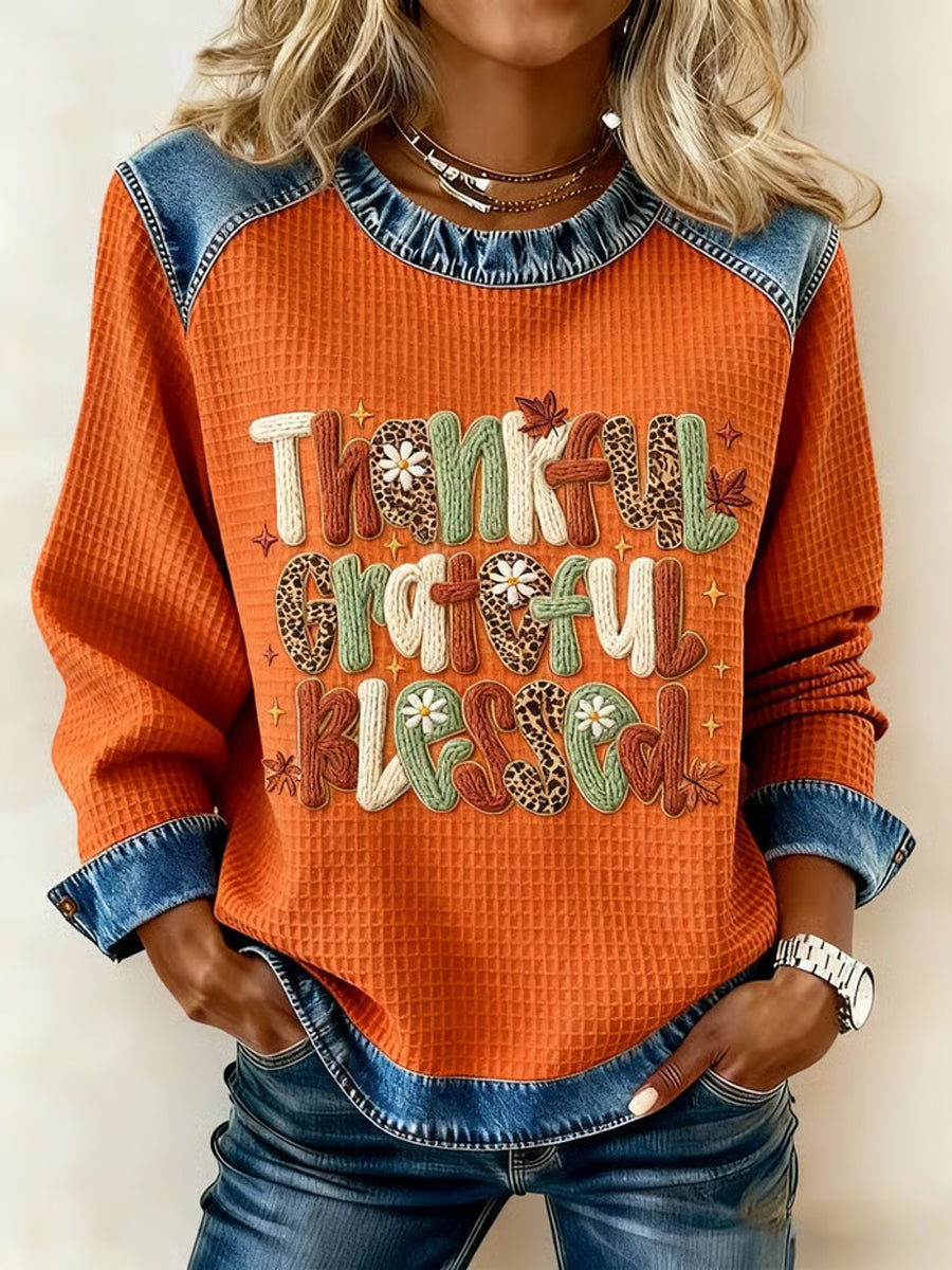 Women's Thankful Grateful Blessed Thanksgiving Printed Denim Patchwork Waffle Top