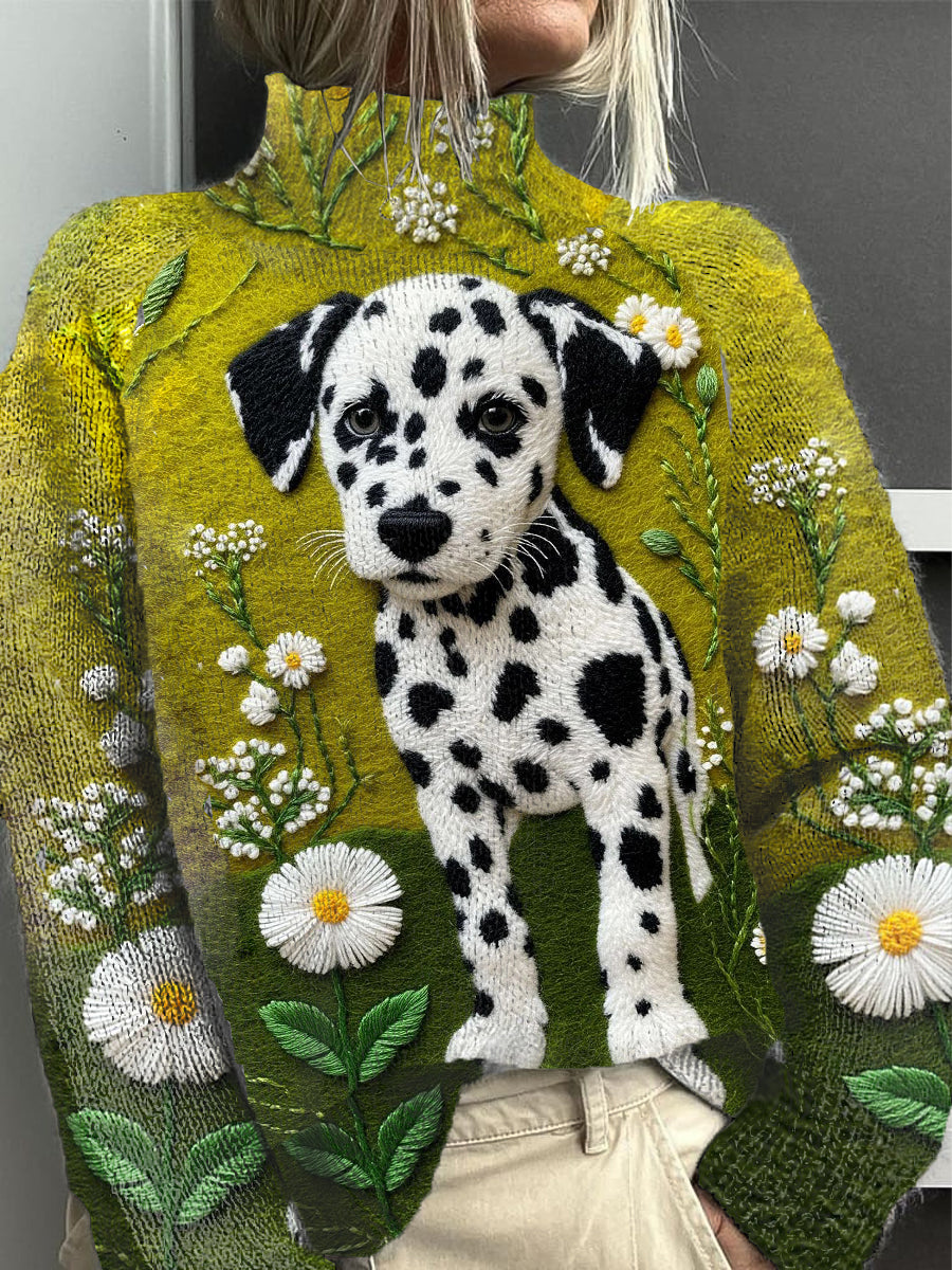 Women's Spotted Dog Floral Turtleneck Sweater