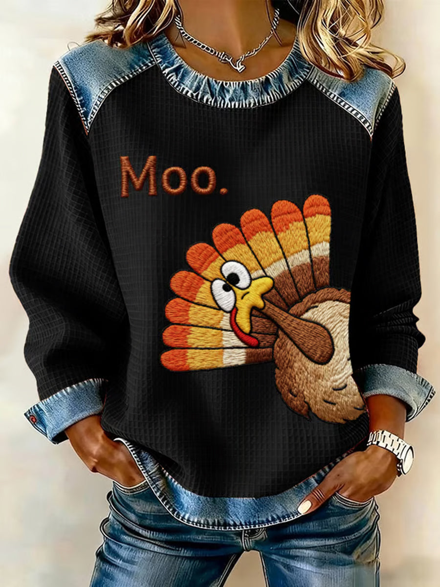 Women's Thanksgiving Printed Denim Patchwork Waffle Top