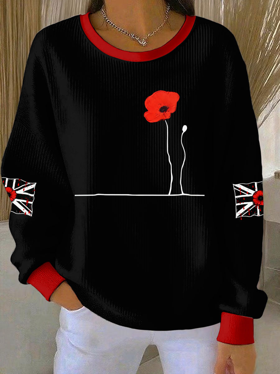 Women's British Popph Print Ribbed Round-Neck Sweatshirt