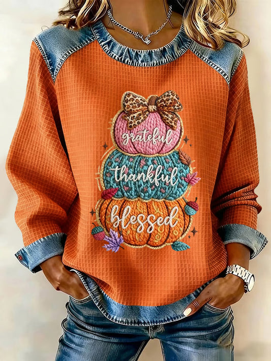 Women's Thankful Grateful Blessed Thanksgiving Printed Denim Patchwork Waffle Top