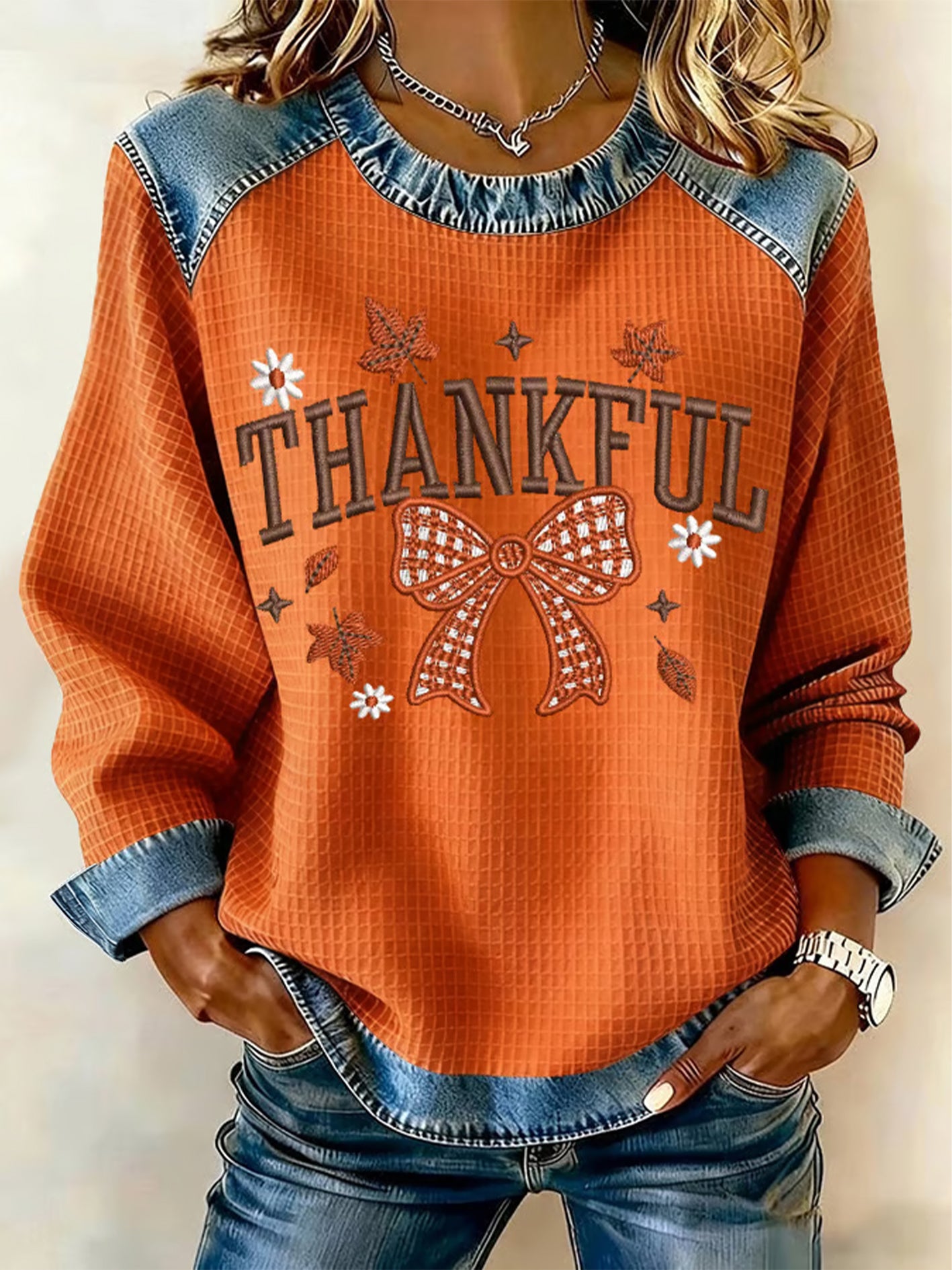 Women's Thanksgiving Print Waffle Sweatshirt