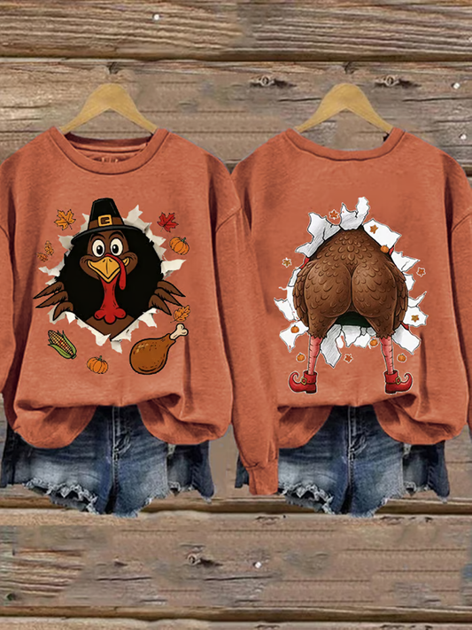Women's Thanksgiving Turkey Print Crew Neck Sweatshirt