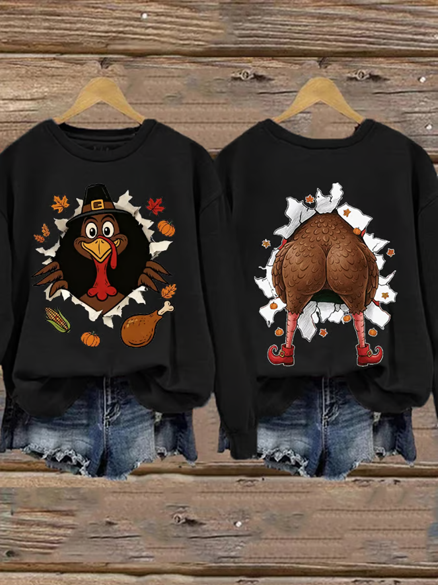 Women's Thanksgiving Turkey Print Crew Neck Sweatshirt