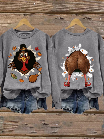 Women's Thanksgiving Turkey Print Crew Neck Sweatshirt