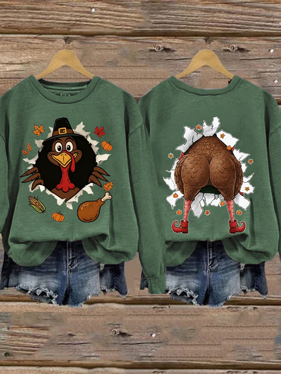 Women's Thanksgiving Turkey Print Crew Neck Sweatshirt