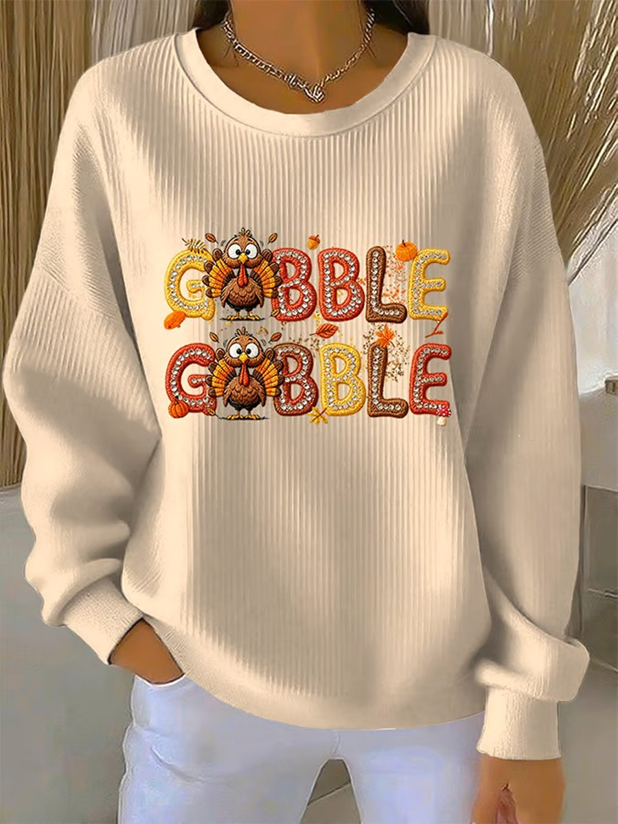 Women's Gobble Gobble Turkey Thanksgiving Print Casual Sweatshirt