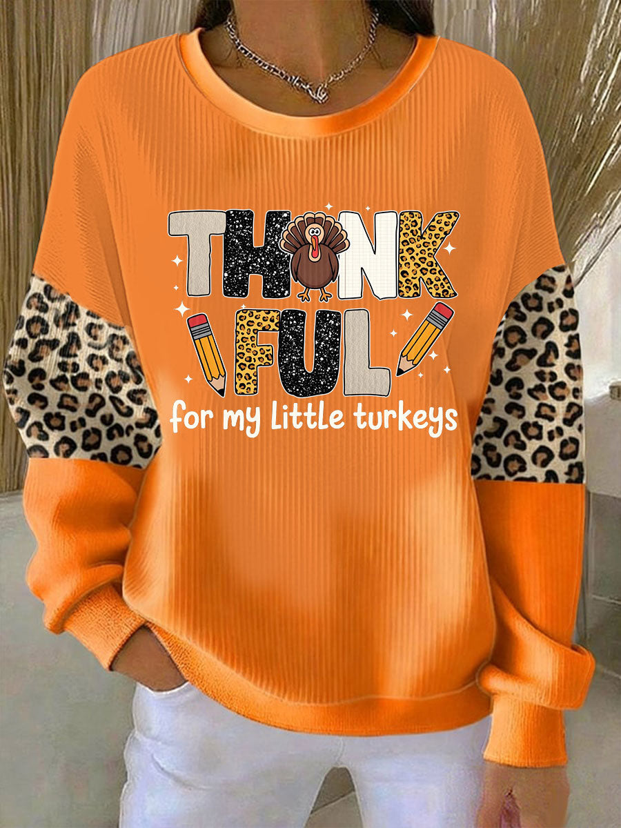 Women's Thankful For My Little Turkeys Ribbed Round-Neck Sweatshirt