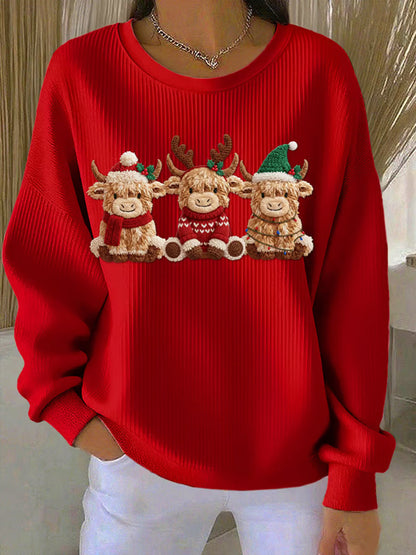 Women's Casual Retro Western Cute Christmas Highland Cow Ribbed Round-Neck Sweatshirt