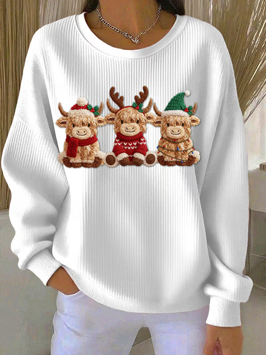 Women's Casual Retro Western Cute Christmas Highland Cow Ribbed Round-Neck Sweatshirt
