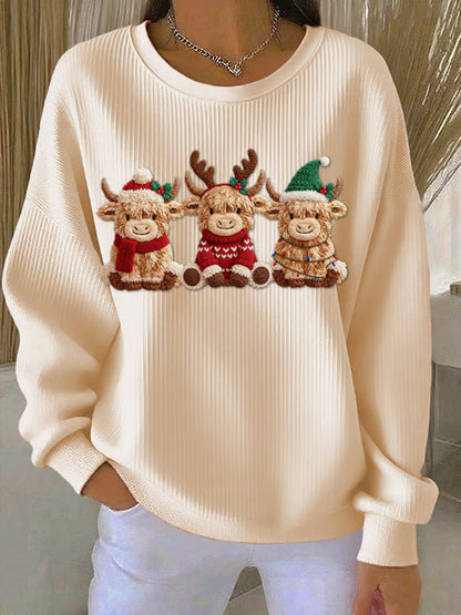 Women's Casual Retro Western Cute Christmas Highland Cow Ribbed Round-Neck Sweatshirt