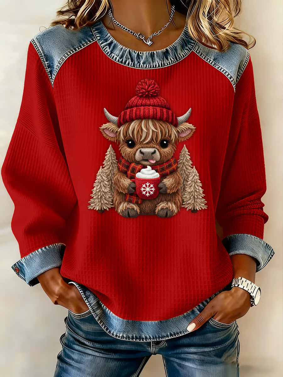 Women's Casual Retro Western Cute Christmas Highland Cow Denim Patchwork Top