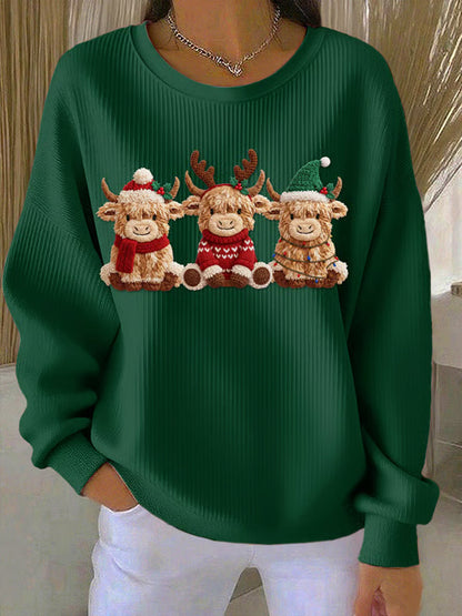 Women's Casual Retro Western Cute Christmas Highland Cow Ribbed Round-Neck Sweatshirt