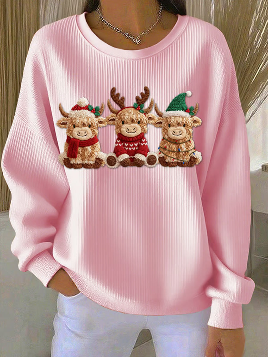 Women's Casual Retro Western Cute Christmas Highland Cow Ribbed Round-Neck Sweatshirt