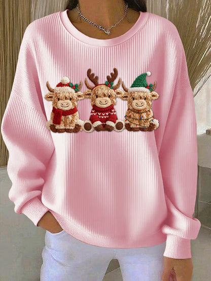 Women's Casual Retro Western Cute Christmas Highland Cow Ribbed Round-Neck Sweatshirt
