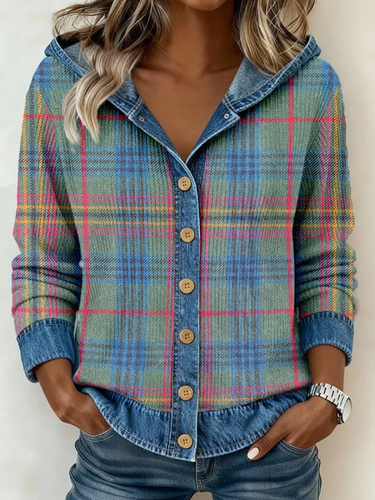 Women's Vintage Plaid Pattern Patchwork Art Hooded Cardigan