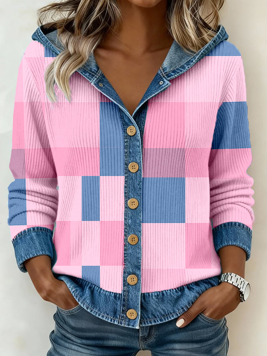 Women's Pink and Blue Plaid Pattern Patchwork Art Hooded Cardigan