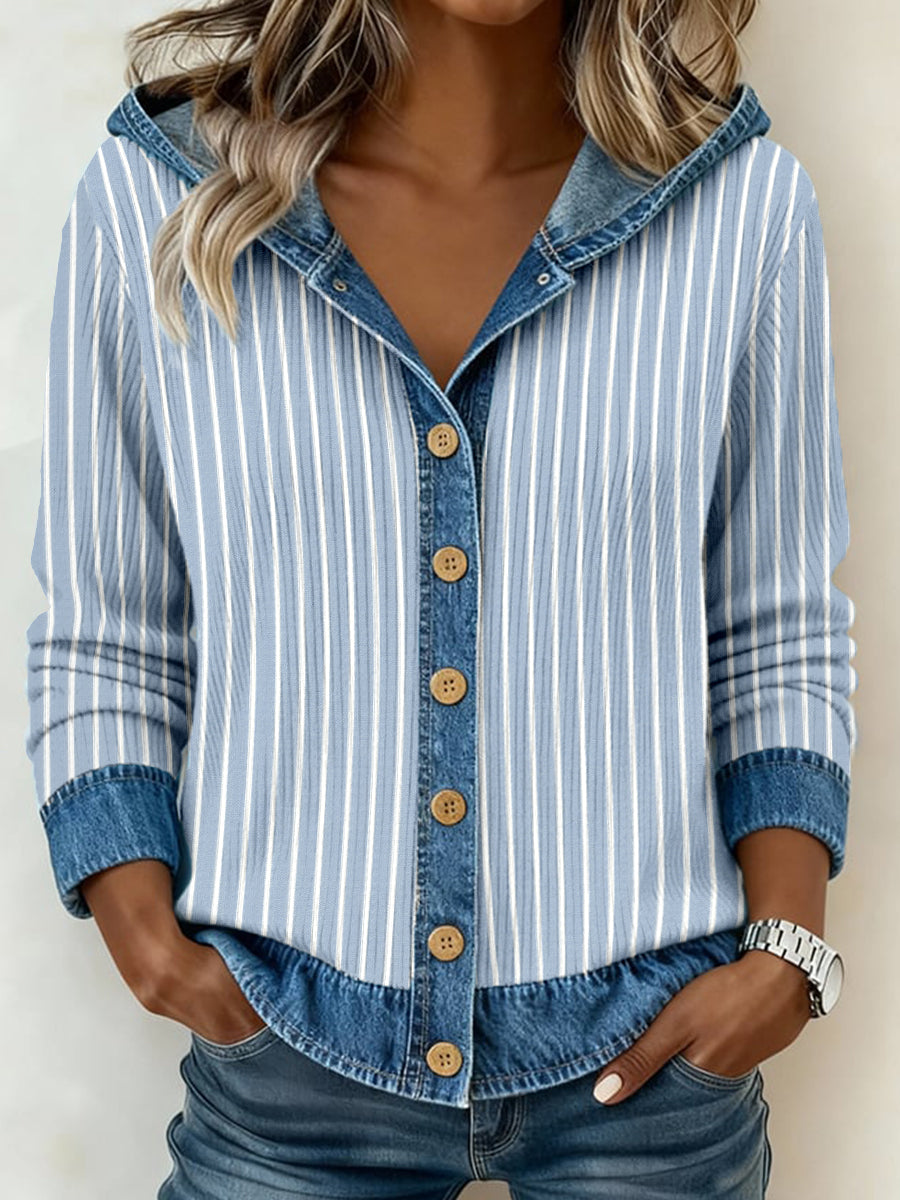 Women's Blue Striped Pattern Patchwork Art Hooded Cardigan