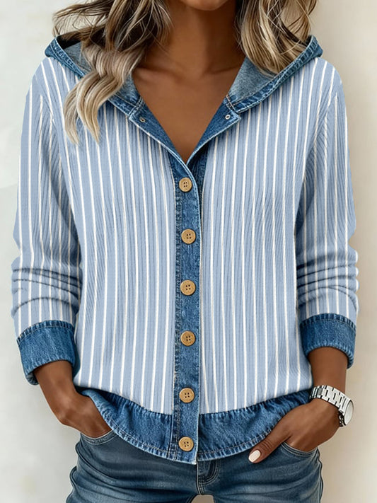 Women's Blue Striped Pattern Patchwork Art Hooded Cardigan