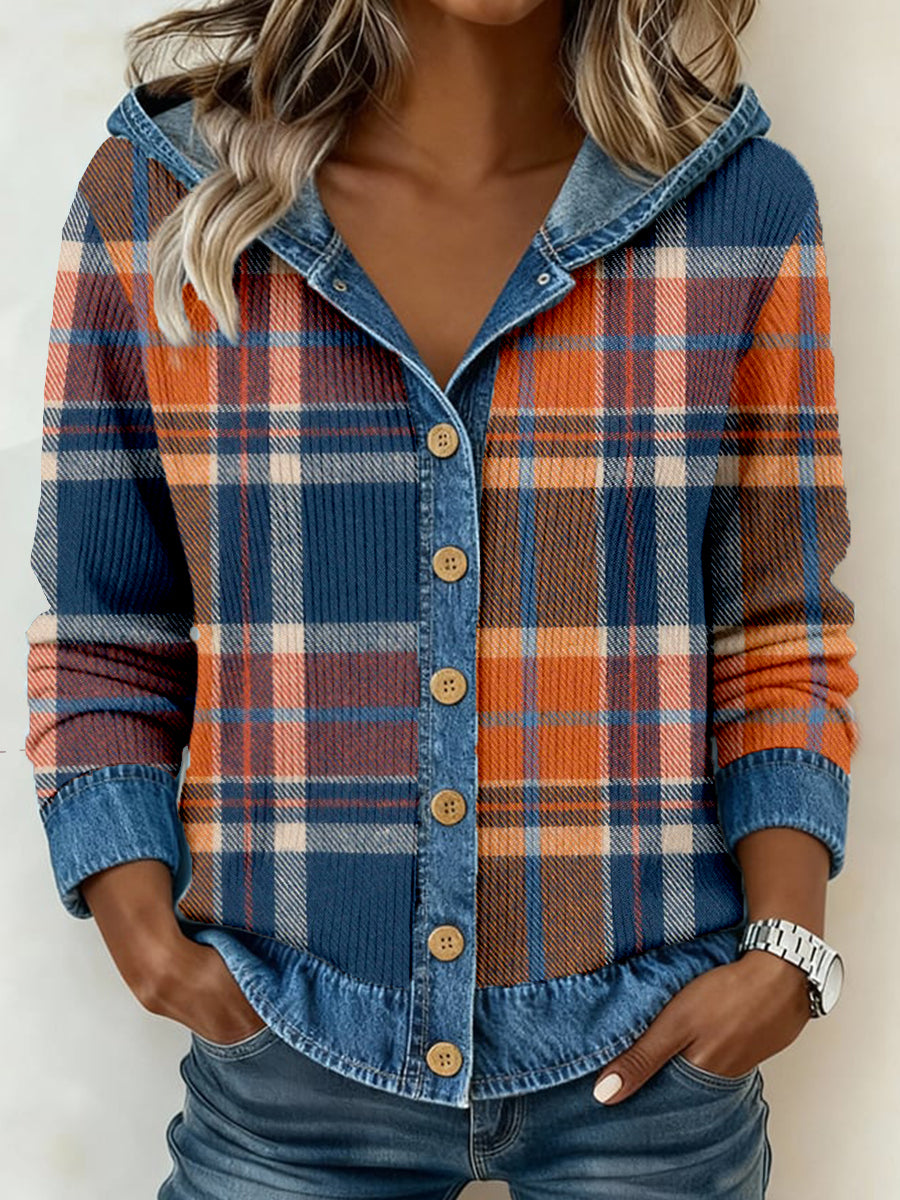 Women's Vintage Plaid Pattern Patchwork Art Hooded Cardigan
