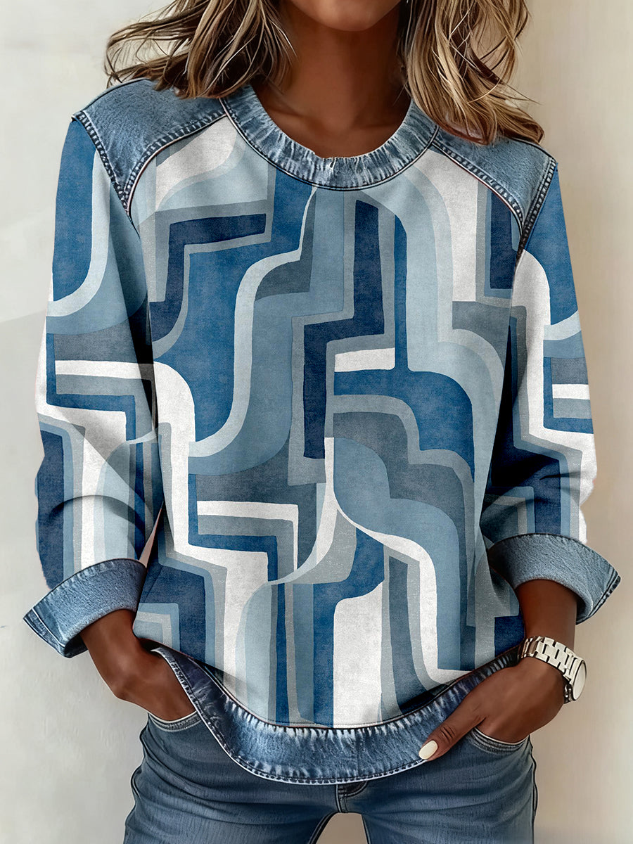 Women's Abstract Art Print Denim Patchwork Sweatshirt