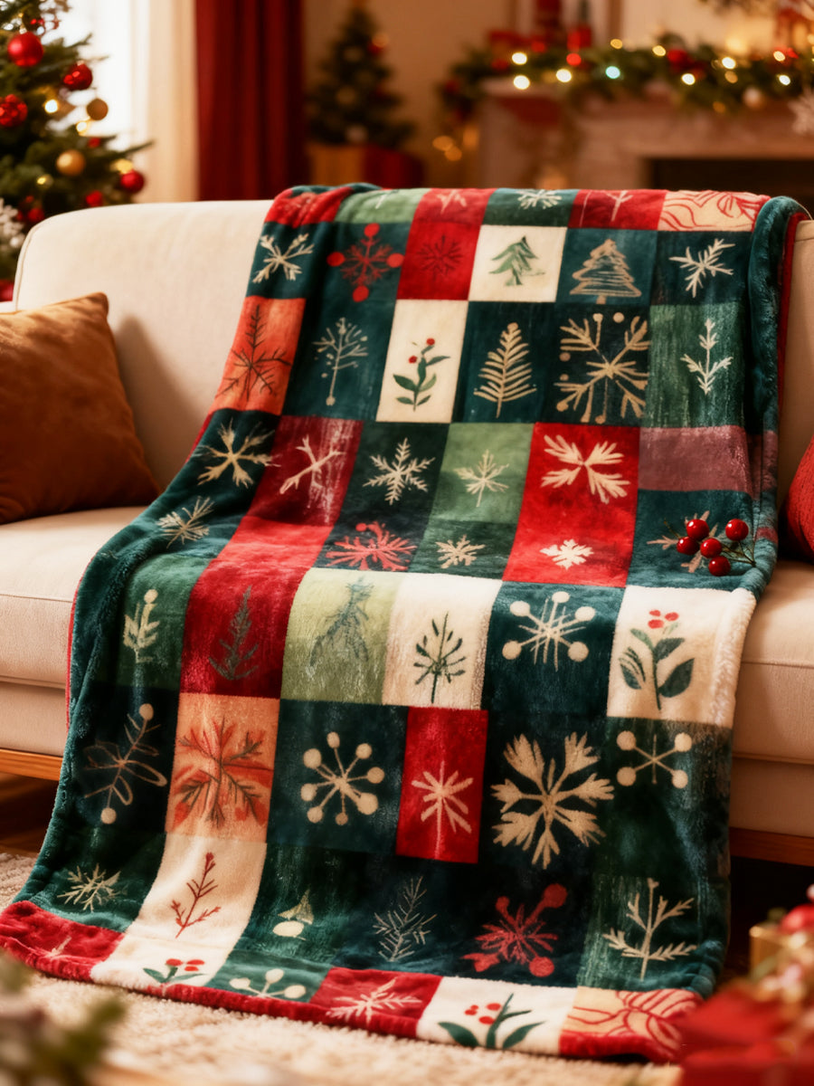 Christmas Snowflake Tree Plaid Patchwork Flannel Blanket