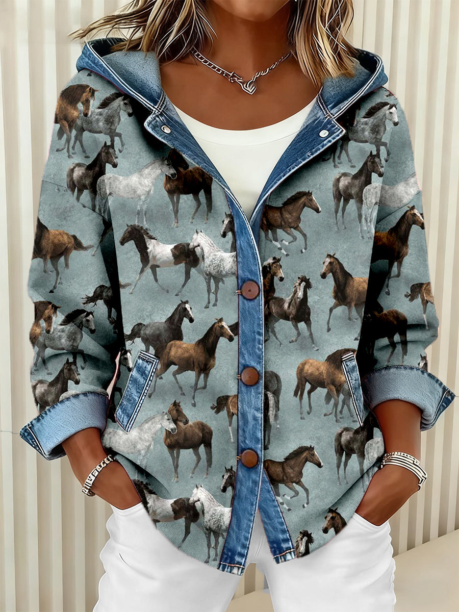 ✨NEW IN✨Women's Vintage Horse Art Print Patchwork Hooded Cardigan
