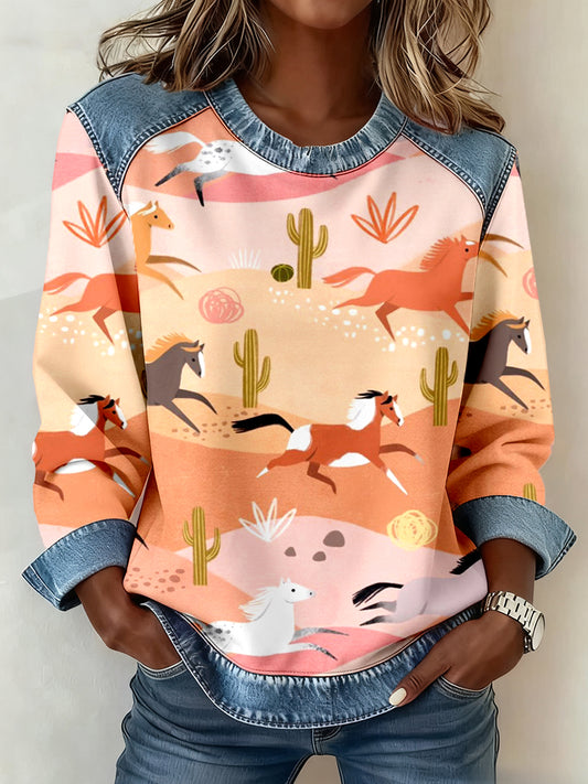 Women's Western Horse Art Print Denim Patchwork Sweatshirt