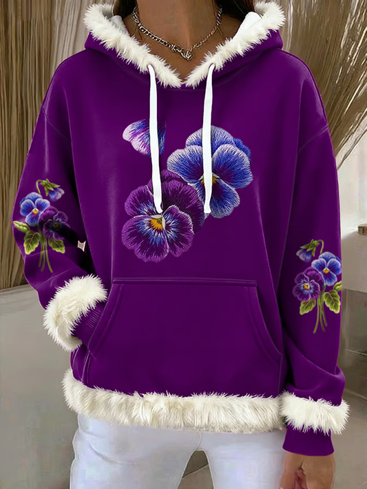 Women's Purple Art Design Printed Plush Hooded Long Sleeve Top