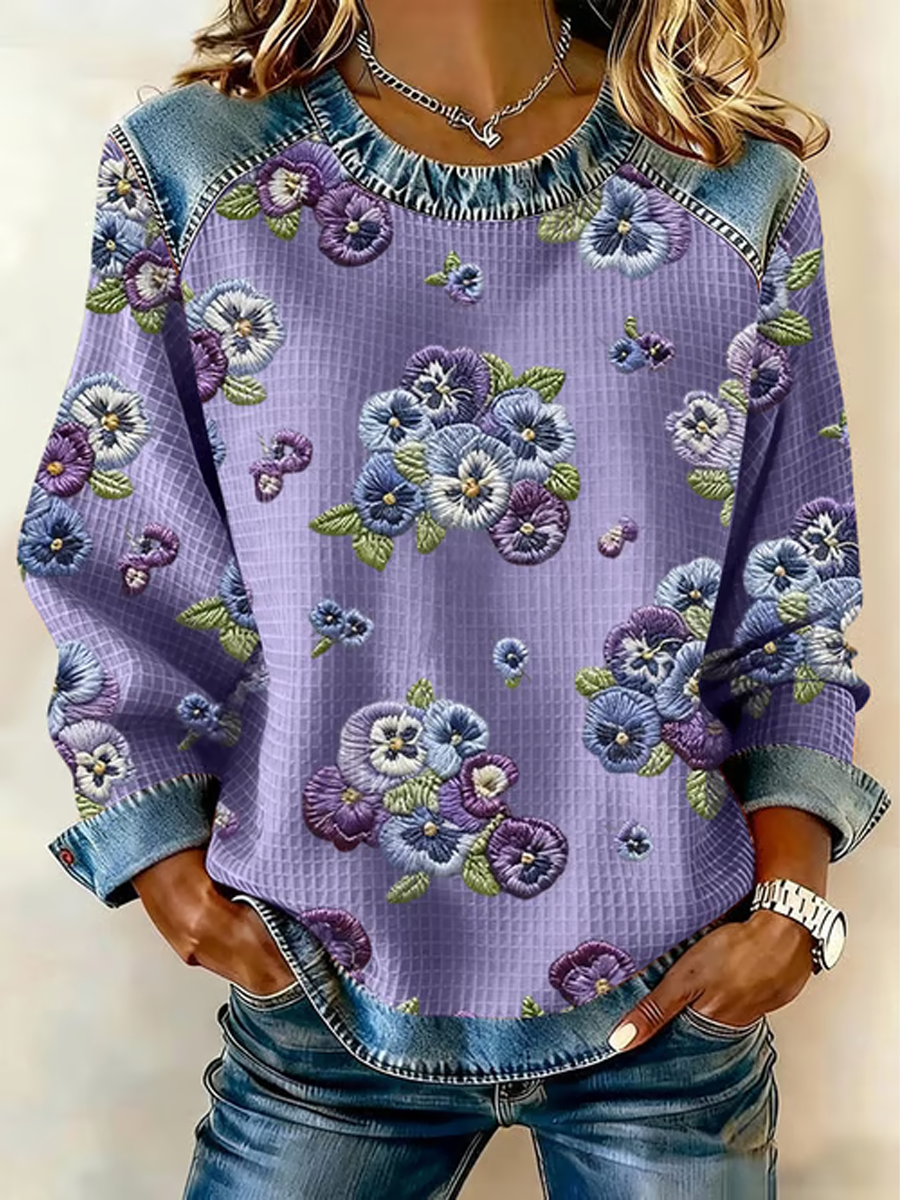 Women's Purple Pansy Flowers Print Casual Sweatshirt