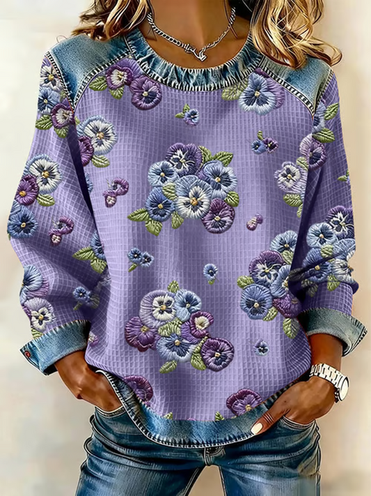 Women's Purple Pansy Flowers Print Casual Sweatshirt
