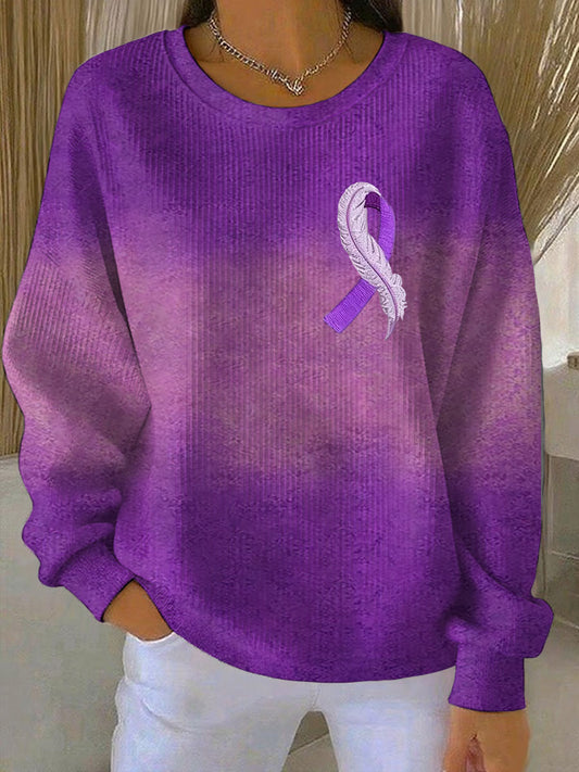 Women's Purple Gradient ribbon Print Ribbed Round-Neck Sweatshirt