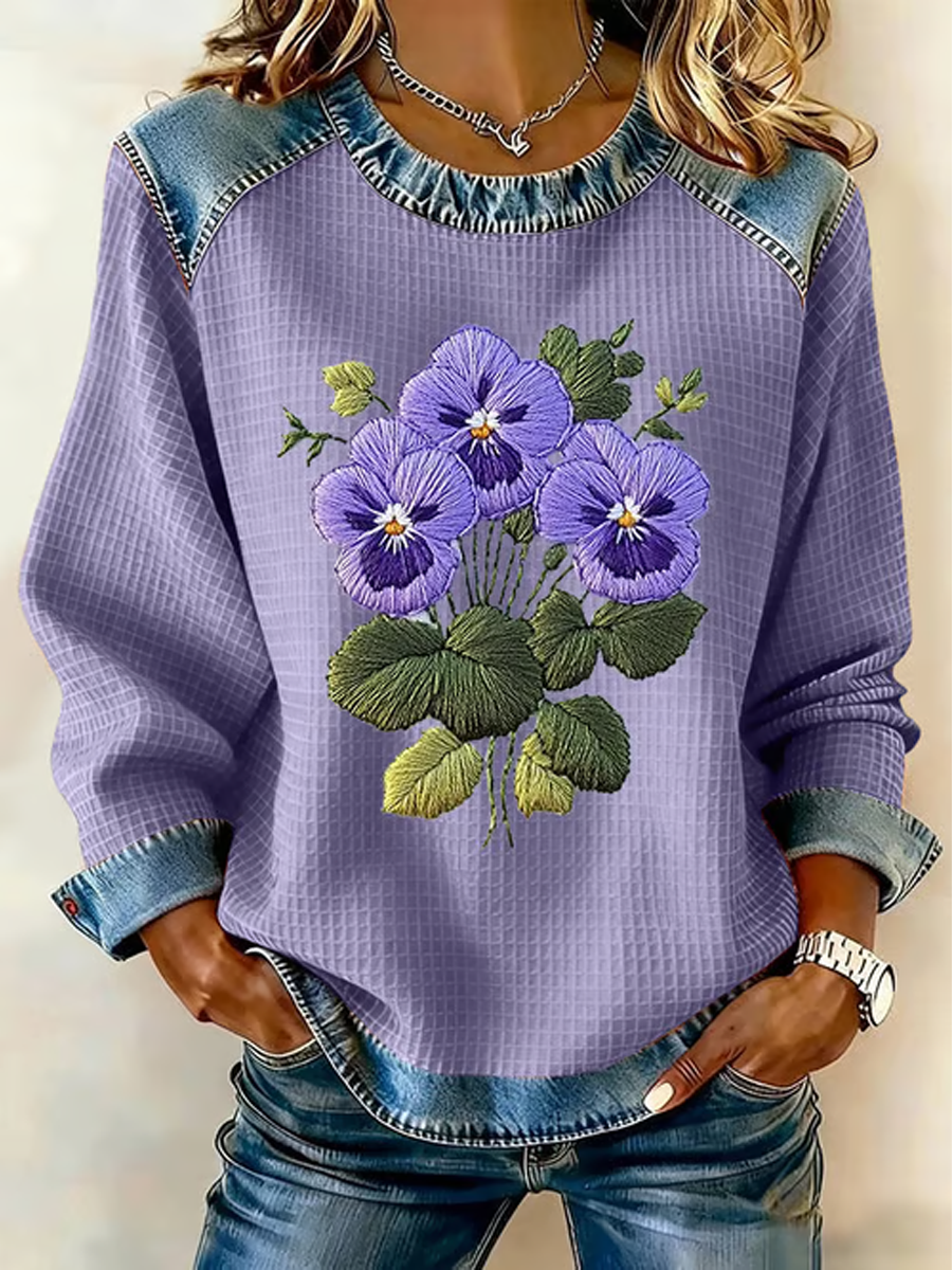 Women's Purple Pansy Flowers Print Casual Sweatshirt